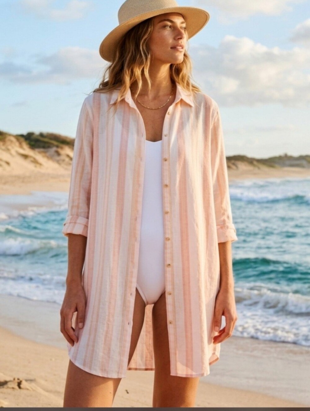 Anthropologie Antibes Blanc Stripe Linen Longline Button - Up Shirt Cover- Up